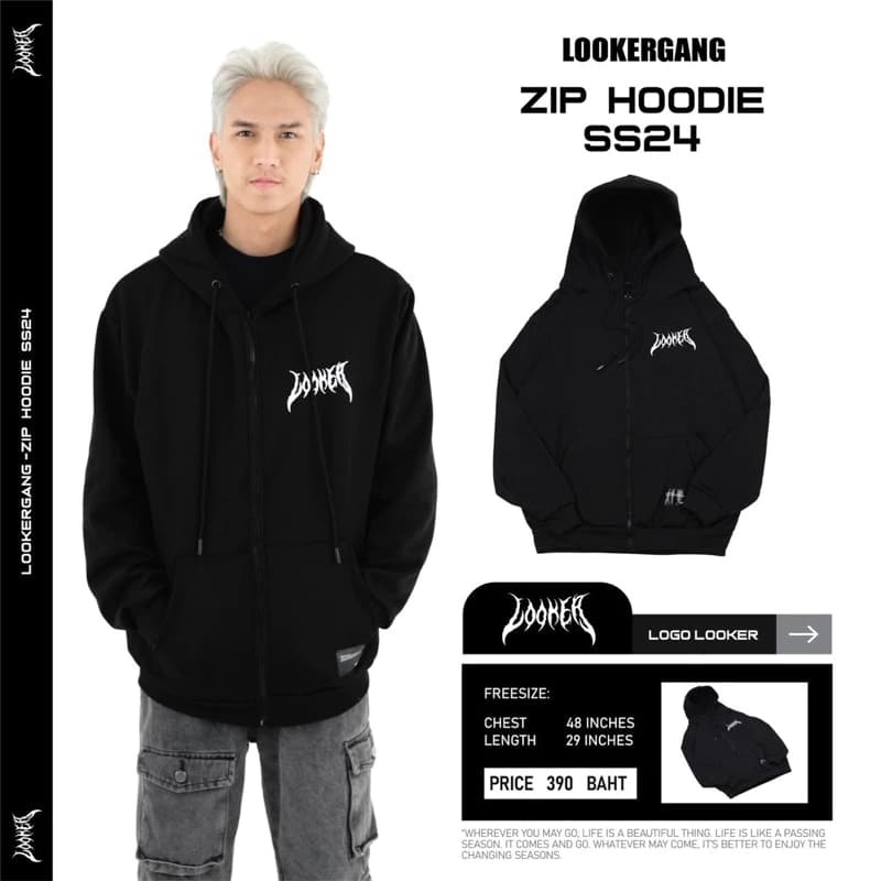LOOKERGANG -Zip Hoodie ฮู้ดซิปสีดำ ฮูดแขนยาว https://wayoza.com