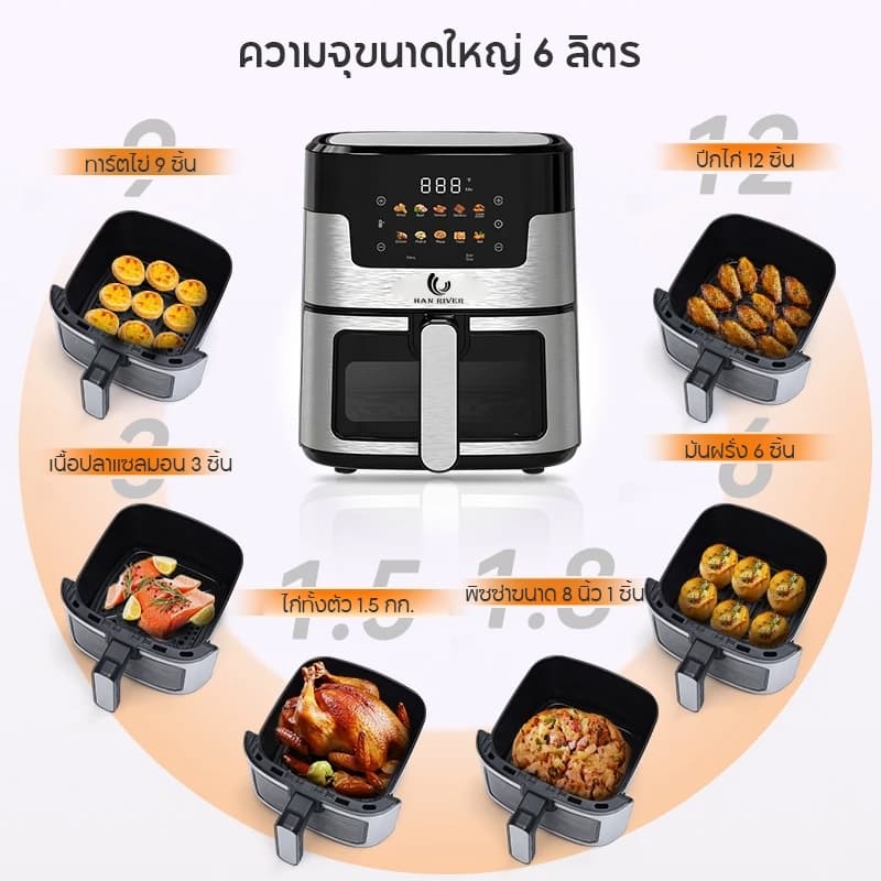 HAN RIVER รุ่น HRAF06BK หม้อทอดไร้น้ำมัน Air Fryer 1400W หม้อทอด 8L วัสดุสแตนเลสแบบใหม่ สัมผัสในคลิกเดียว https://wayoza.com