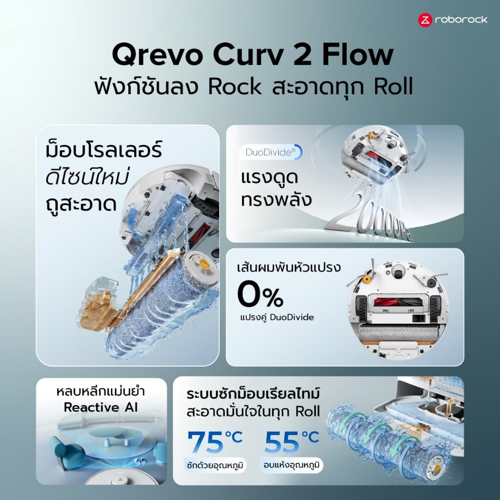 Roborock Qrevo Curv 2 Flow หุ่นยนต์ดูดฝุ่นถูพื้น แรงดูดสูงสุด 25,000 Pa แปรงป้องกันผมพันกัน ซักม็อบอุณหภูมิสูง https://wayoza.com