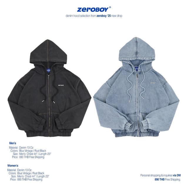 ZEROBOY เสื้อฮู้ดแขนยาว DENIM HOOD /25 " สตรีทแจ็คเก็ตฮู้ดของผู้ชายและผู้หญิง "