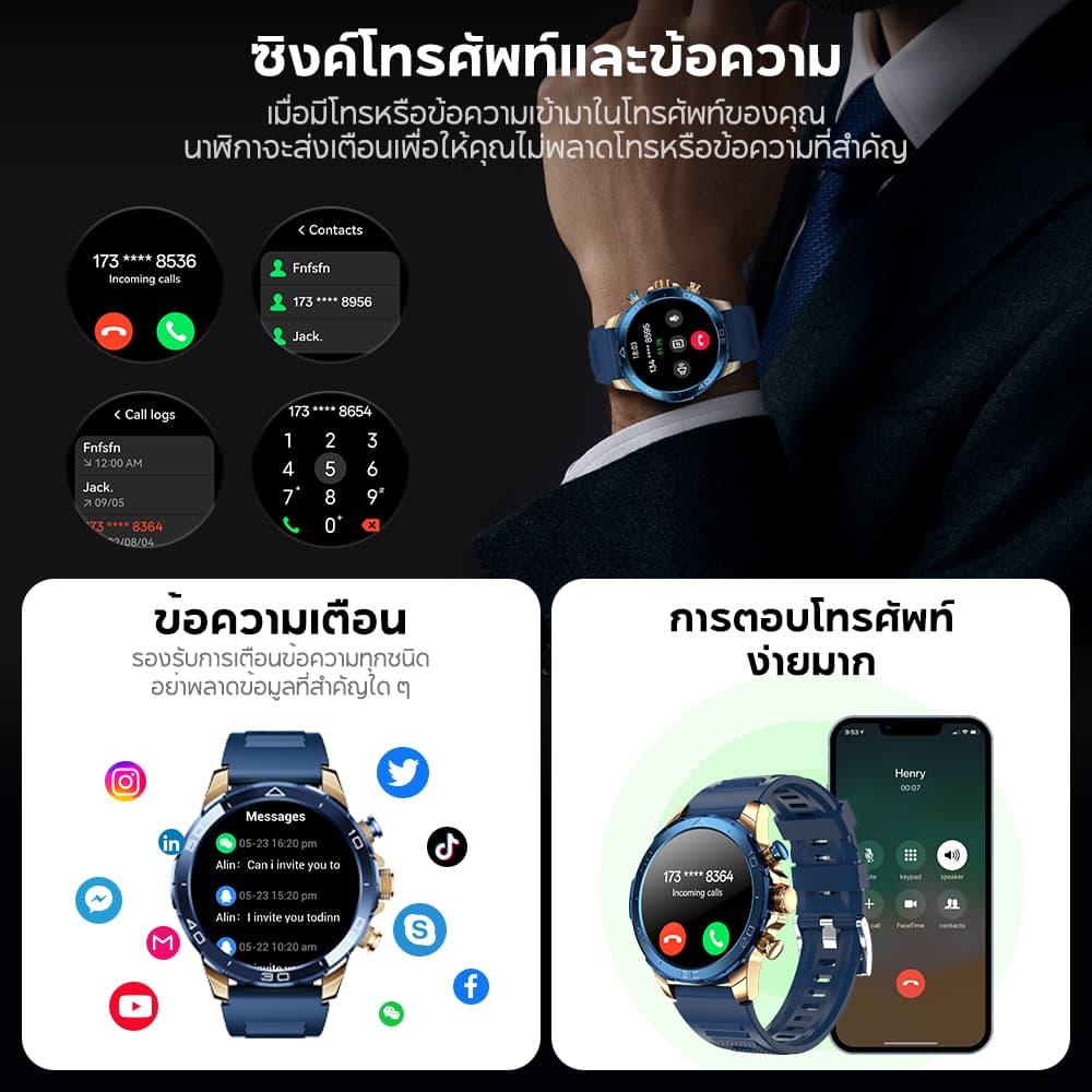 Aolon Luxor นาฬิกา smart watch 1.53'' จอใหญ่ 380mAh นาฬิกาออกกำลังกาย สีฟ้าทอง สมาร์ทวอทช์ สแตนเลส ปุ่มที่กำหนดเอง IP68 กันน้ํา https://wayoza.com