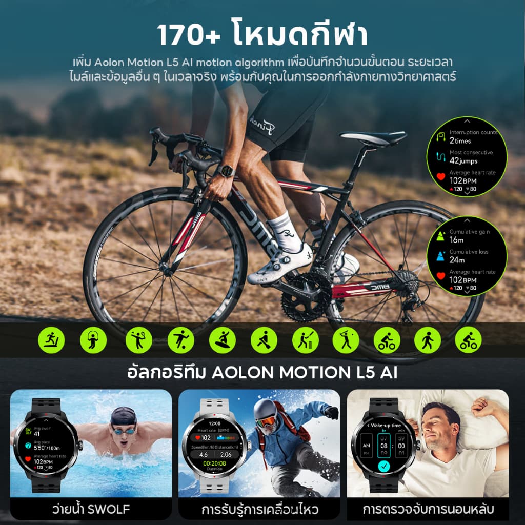 Aolon Ocean นาฬิกา smart watch 1.5'' GPS AMOLED หน้าจอ กันน้ำได้ 50 เมตร โหมดว่ายน้ำ SWOLF 420mAh นาฬิกาว่ายน้ำ GNSS สมาร์ทวอทช์ https://wayoza.com