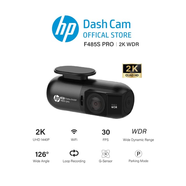 HP F485S Pro กล้องติดรถยนต์ Dash Cam 1440P WDR กล้องติดรถยนต์ 2K WiFi มุมกว้าง 126 ° องศา บันทึกฉุกเฉิน บันทึกวนซ้ำ