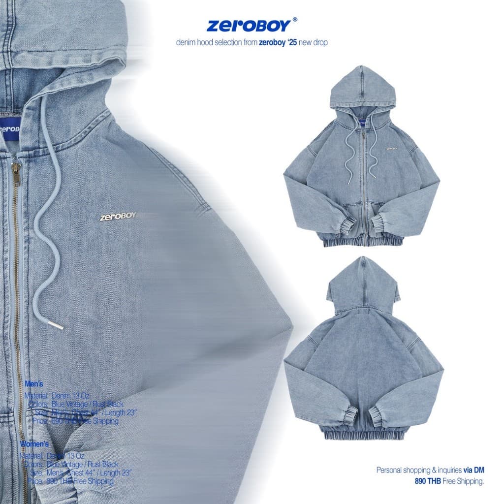 ZEROBOY เสื้อฮู้ดแขนยาว DENIM HOOD /25 " สตรีทแจ็คเก็ตฮู้ดของผู้ชายและผู้หญิง " https://wayoza.com