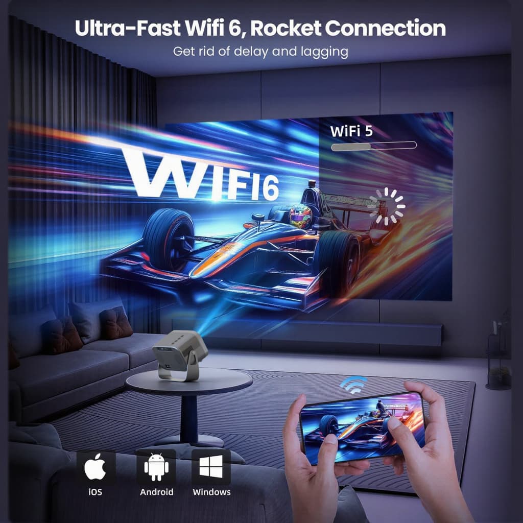 FUNFOOX VENO PRO โปรเจคเตอร์ Android TV 4K โฟกัสอัตโนมัติ หมุนได้ 360° พกพาง่าย ต่อมือถือได้เลย projector ดูหนัง https://wayoza.com