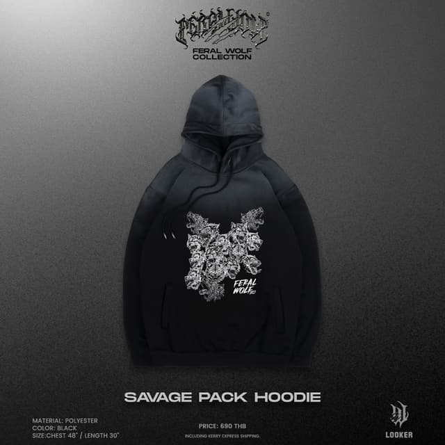 LOOKER เสื้อฮู้ดแขนยาว เสื้อฮู้ดปักโลโก้ FERAL WOLF - SAVAGE PACK HOODIE