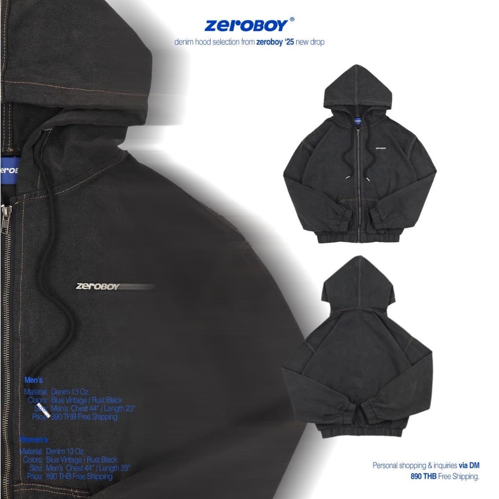 ZEROBOY เสื้อฮู้ดแขนยาว DENIM HOOD /25 " สตรีทแจ็คเก็ตฮู้ดของผู้ชายและผู้หญิง " https://wayoza.com