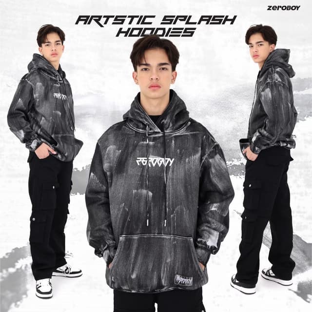 ZEROBOY เสื้อฮู้ดแขนยาว Artstic Splash Hoodies " เสื้อฮู้ด 3D Metallic logo "