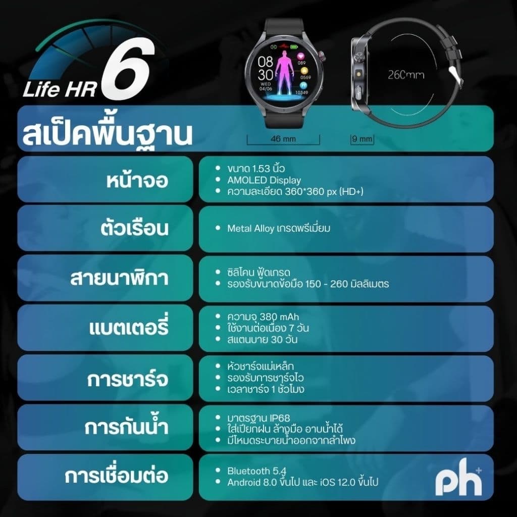 Pure Health Life Hr6 หน้าจอ amoled นาฬิกาวัดความดัน ไขมัน น้ำตาลในเลือด กรดยูริค รับสายโทรออก พร้อมระบบ SOS https://wayoza.com