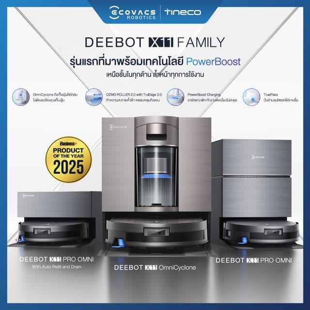 ECOVACS DEEBOT X11 FAMILY หุ่นยนต์ดูดฝุ่น ถูพื้น อัจฉริยะ เทคโนโลยี PowerBoost พร้อม OMNI Station อัปเกรดใหม่