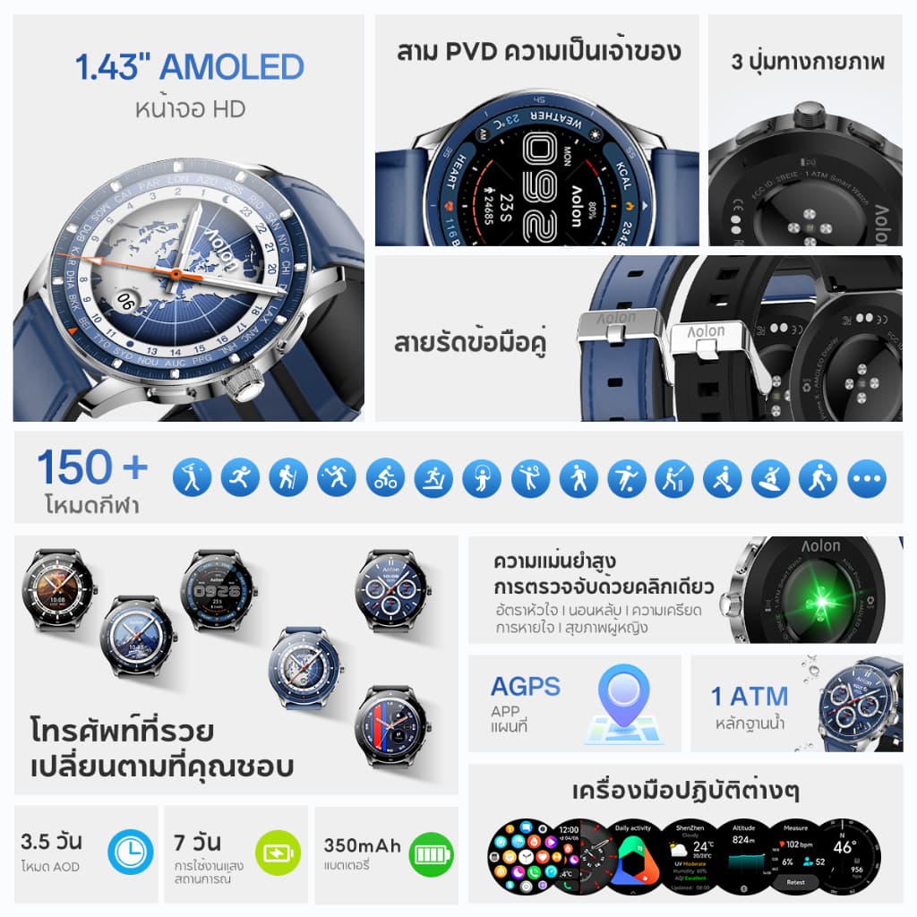 Aolon Prime X สมาร์ทวอทช์ หน้าจอโค้ง 3D 1.43'' AMOLED หน้าจอ smartwatch 350mAh ตรวจหาสุขภาพโดยอัตโนมัติ นาฬิกาวิ่ง https://wayoza.com