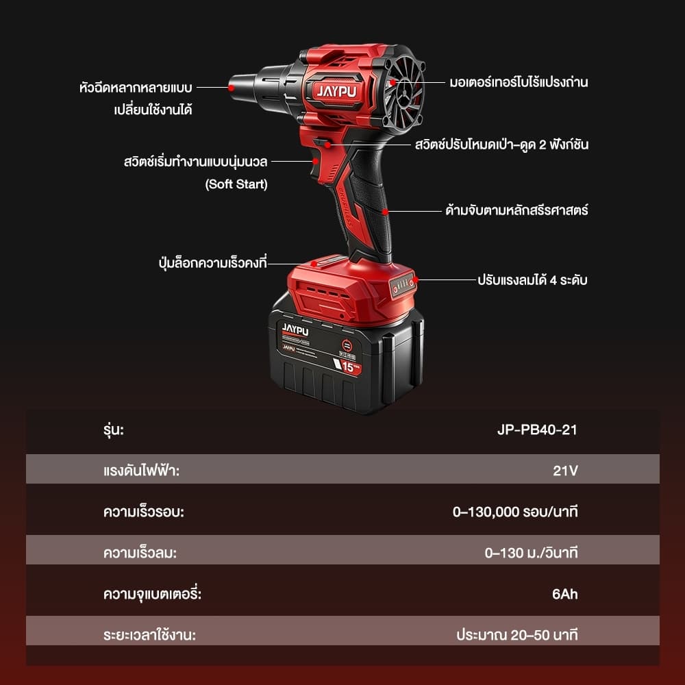 JAYPU รุ่น JP-PB40-21 เครื่องเป่าลมไร้สาย 21V ไร้แปรงถ่าน ปรับแรงลม 4 ระดับ พร้อมหัวเป่าหลายแบบ เป่าและดูดฝุ่น https://wayoza.com