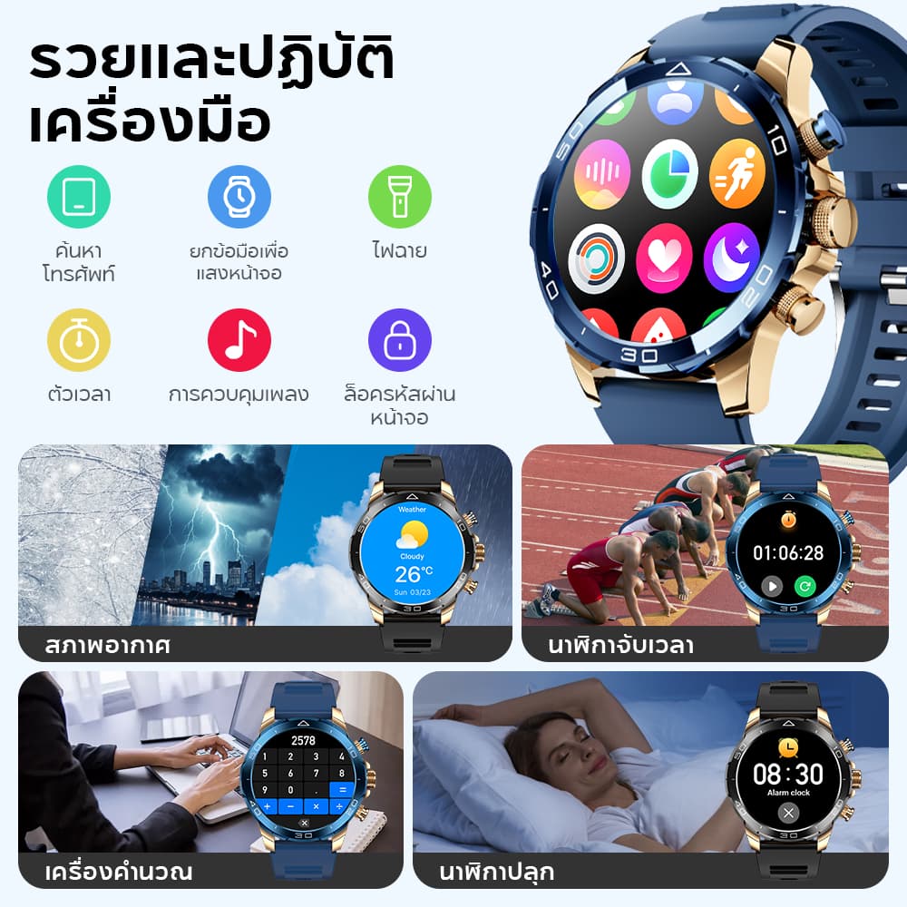 Aolon Luxor นาฬิกา smart watch 1.53'' จอใหญ่ 380mAh นาฬิกาออกกำลังกาย สีฟ้าทอง สมาร์ทวอทช์ สแตนเลส ปุ่มที่กำหนดเอง IP68 กันน้ํา https://wayoza.com