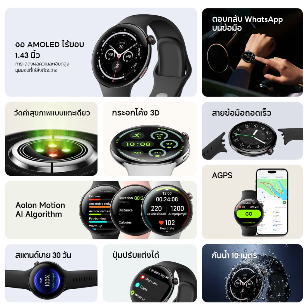 Aolon Mars R4 สมาร์ทวอทช์ 31g smartwatch หน้าจอ 3D นาฬิกา 1.43'' AMOLED นาฬิกาสมาร์ทวอทช์ AGPS นาฬิกาสุขภาพ https://wayoza.com