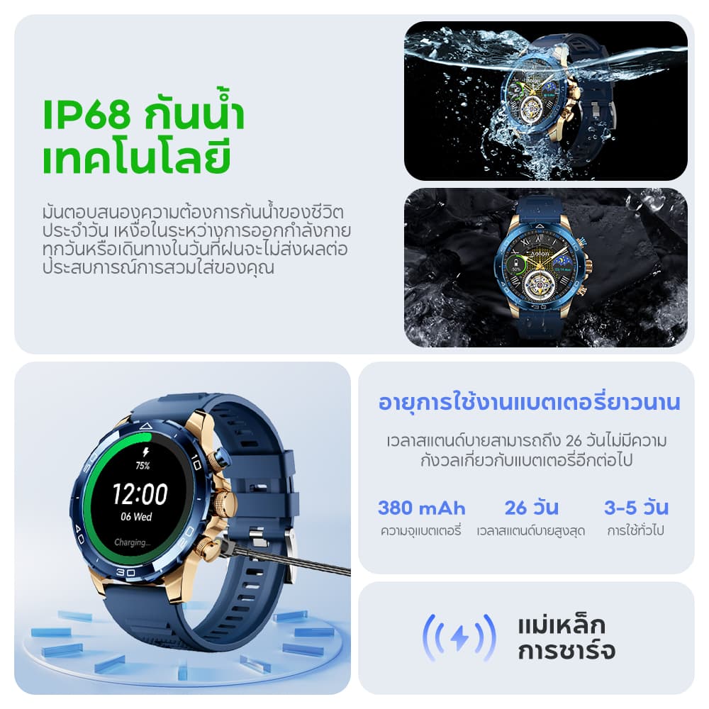 Aolon Luxor นาฬิกา smart watch 1.53'' จอใหญ่ 380mAh นาฬิกาออกกำลังกาย สีฟ้าทอง สมาร์ทวอทช์ สแตนเลส ปุ่มที่กำหนดเอง IP68 กันน้ํา https://wayoza.com