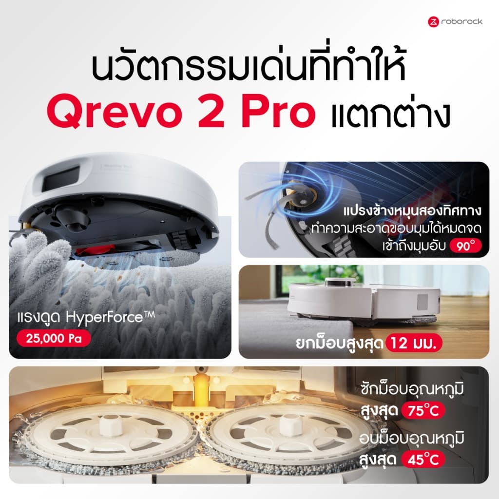 Roborock Qrevo 2 Pro หุ่นยนต์ดูดฝุ่นถูพื้น ดูดแรง 25000Pa ถูหมุนคู่ ซักผ้าอัตโนมัติ ยกไม้ถู 15mm ระบบ LiDAR แบต 5200mAh https://wayoza.com