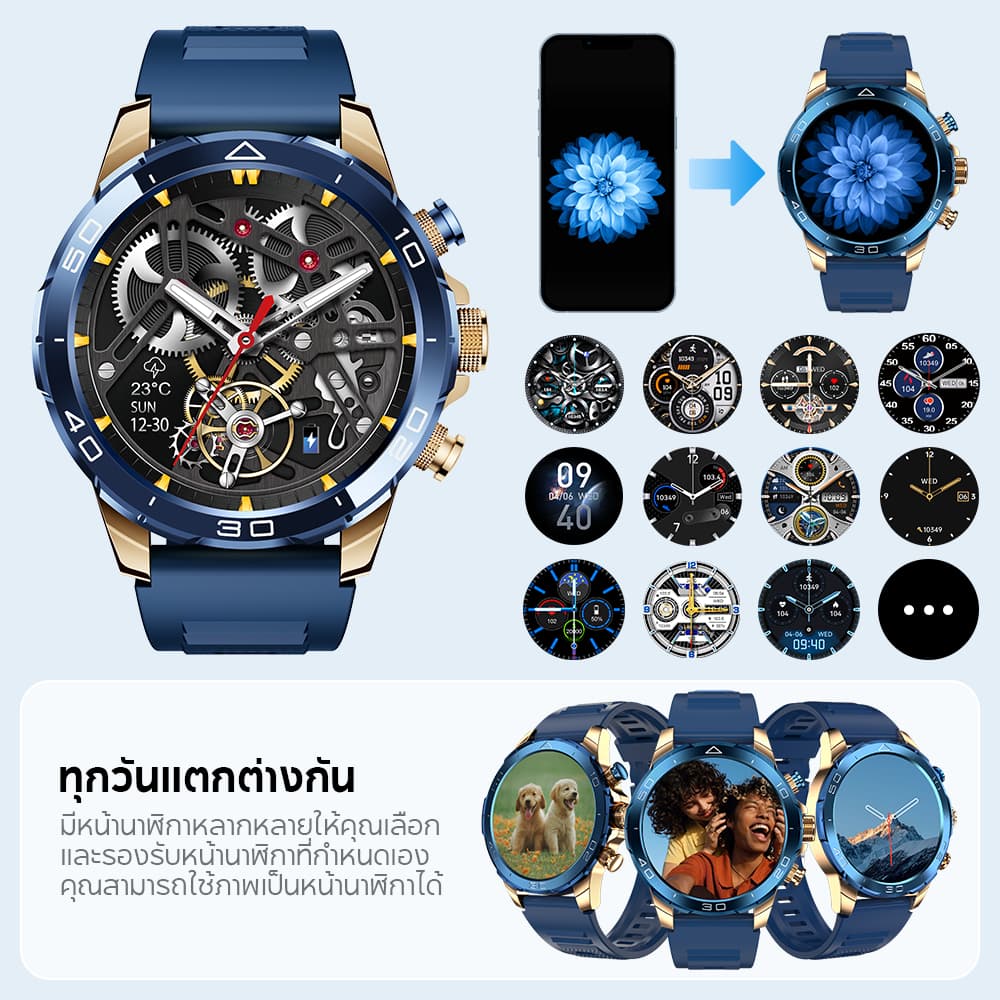 Aolon Luxor นาฬิกา smart watch 1.53'' จอใหญ่ 380mAh นาฬิกาออกกำลังกาย สีฟ้าทอง สมาร์ทวอทช์ สแตนเลส ปุ่มที่กำหนดเอง IP68 กันน้ํา https://wayoza.com