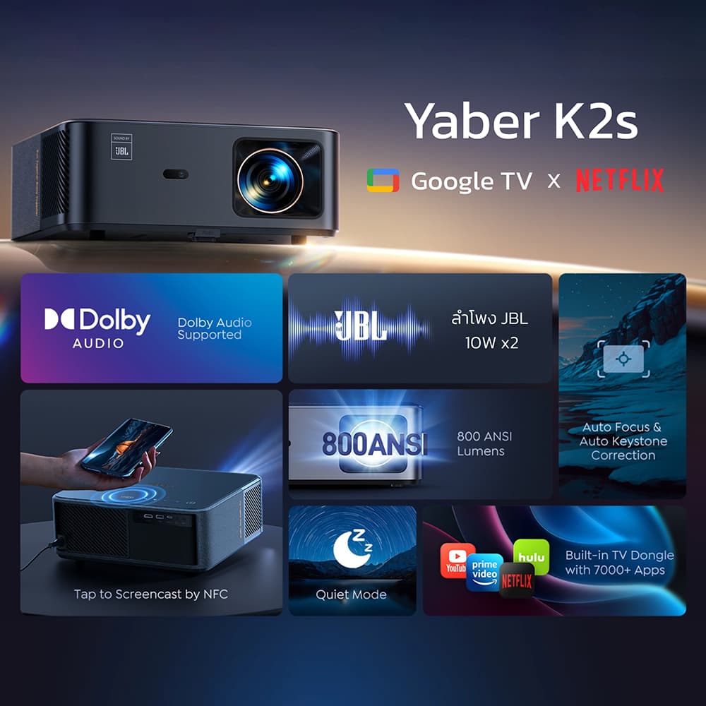 Yaber K2s โปรเจคเตอร์ Google TV คมชัด 1080P FHD โฟกัสอัตโนมัติ รองรับ 4K Projector Netflix projector ดูหนัง https://wayoza.com