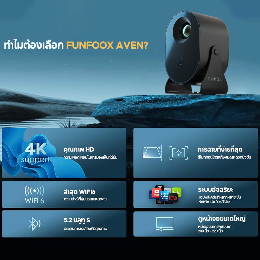 FUNFOOX AVEN โปรเจคเตอร์ Android TV 720P รองรับ 4K projector 8500 Lumens netflix/wifi//TV/hdmi/บลูทูธ พกพาได้ บ้าน APPS https://wayoza.com