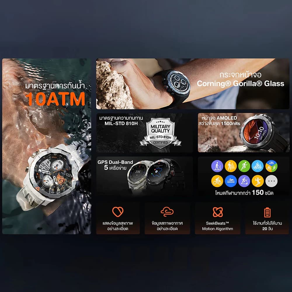 Mibro Watch GS Explorer สมาร์ทวอทช์ GPS ในตัว กันน้ำ 10ATM AMOLED 60Hz สว่าง 1500 Nit https://wayoza.com