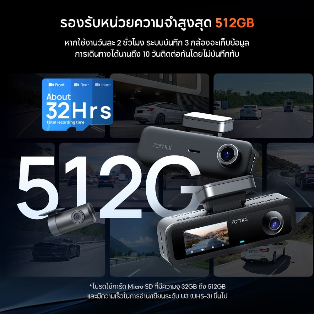 70mai T400 2.5K กล้องติดรถยนต์ 3 กล้อง HDR 30FPS กลางคืนสว่าง 512GB Super Capacitor WiFi APP https://wayoza.com