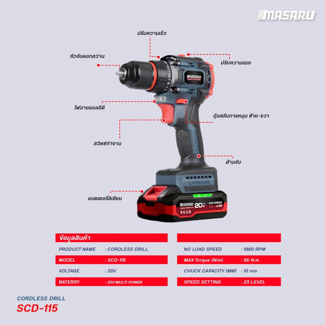 MASARU รุ่น SCD-115 แรงบิด 55 N.m สว่านไร้สายไฟฟ้า ไขควงคลัชไร้สาย 2 ระบบ เจาะ ขันสกรู มอเตอร์ Brushless พร้อมดอกสว่าน อุปกรณ์ครบกล่อง https://wayoza.com
